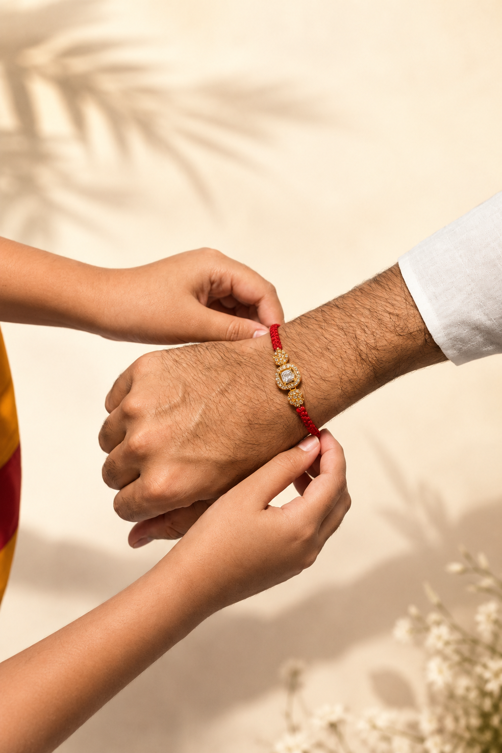 Gold oval CZ rakhi on red thread