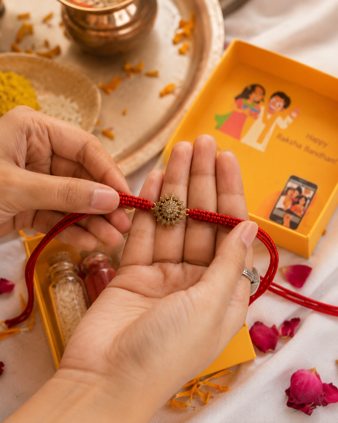 Gold antique cluster rakhi on red thread