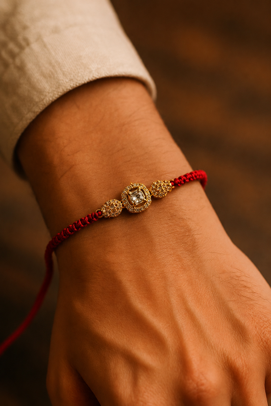 Gold three-stone rakhi on red thread