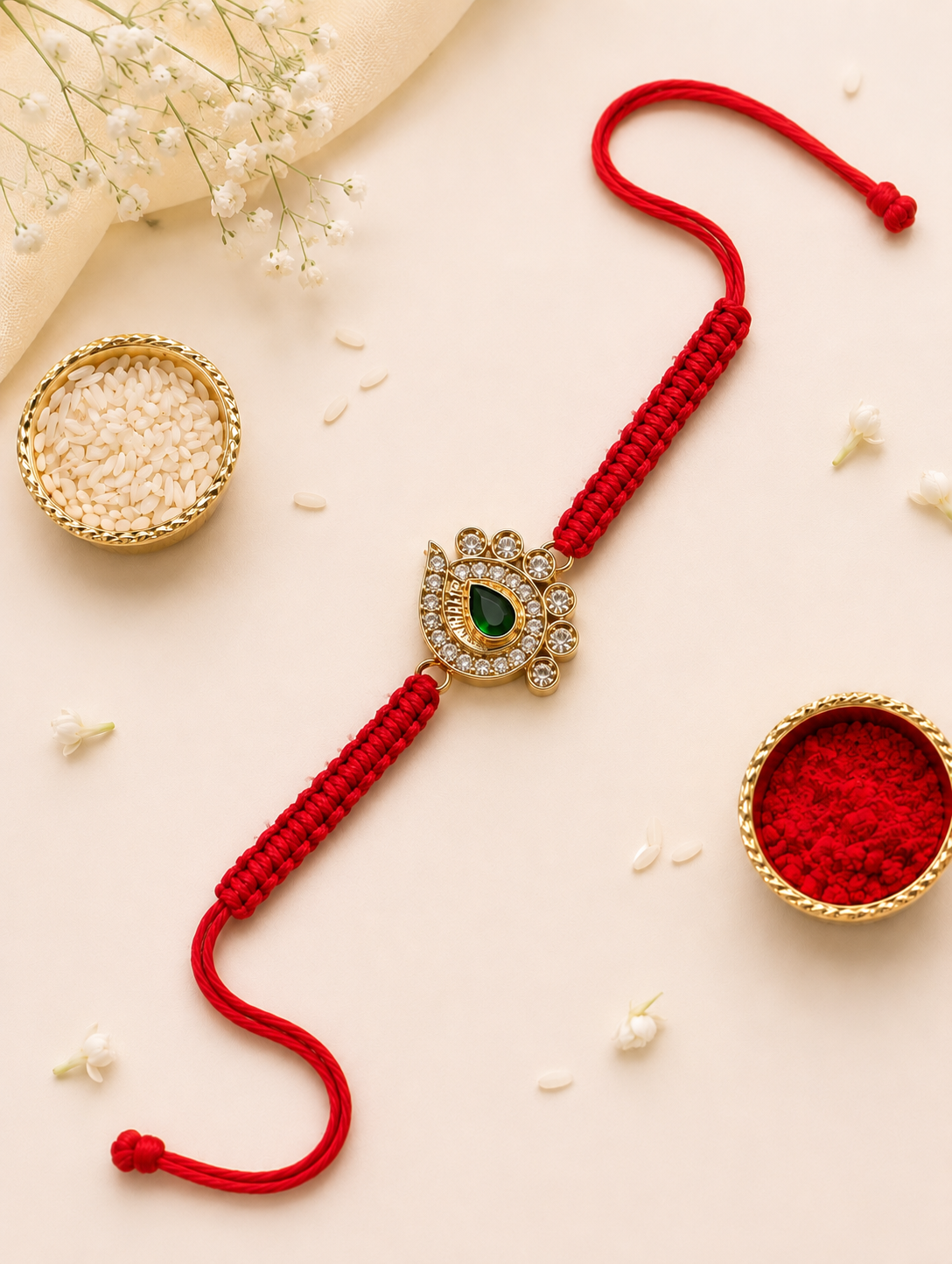 Gold paisley rakhi on red thread