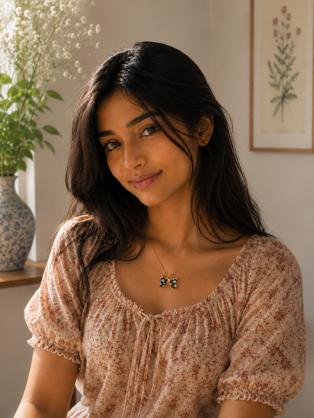 Model in a floral top wearing the gold-toned butterfly pendant necklace
