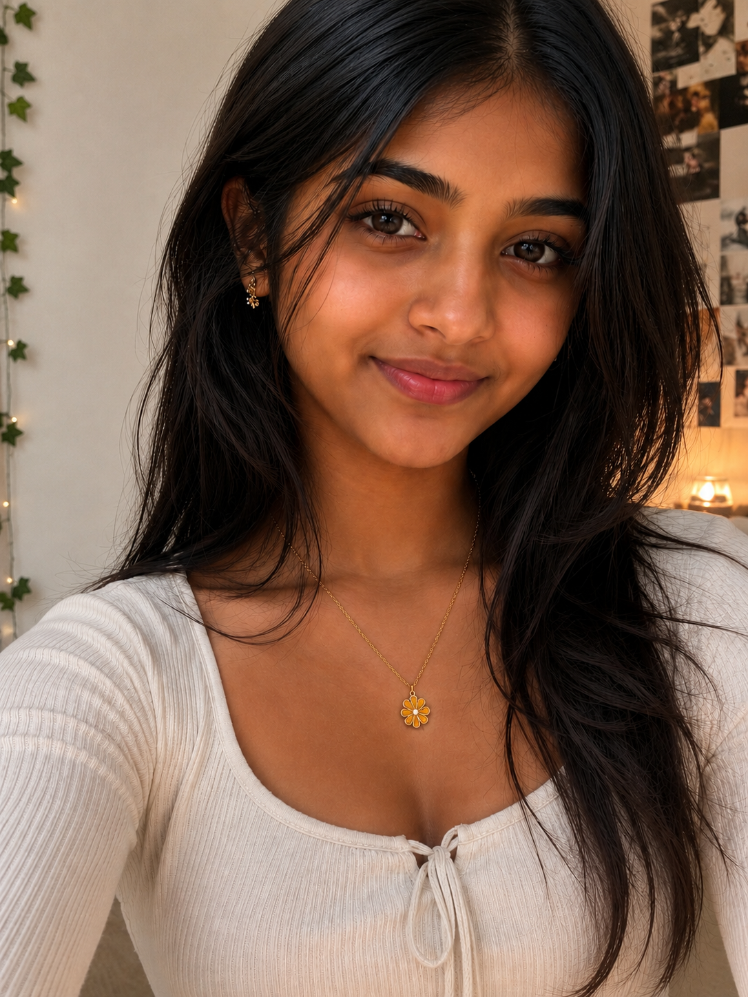 Model wearing the gold-toned daisy pendant necklace with a white top