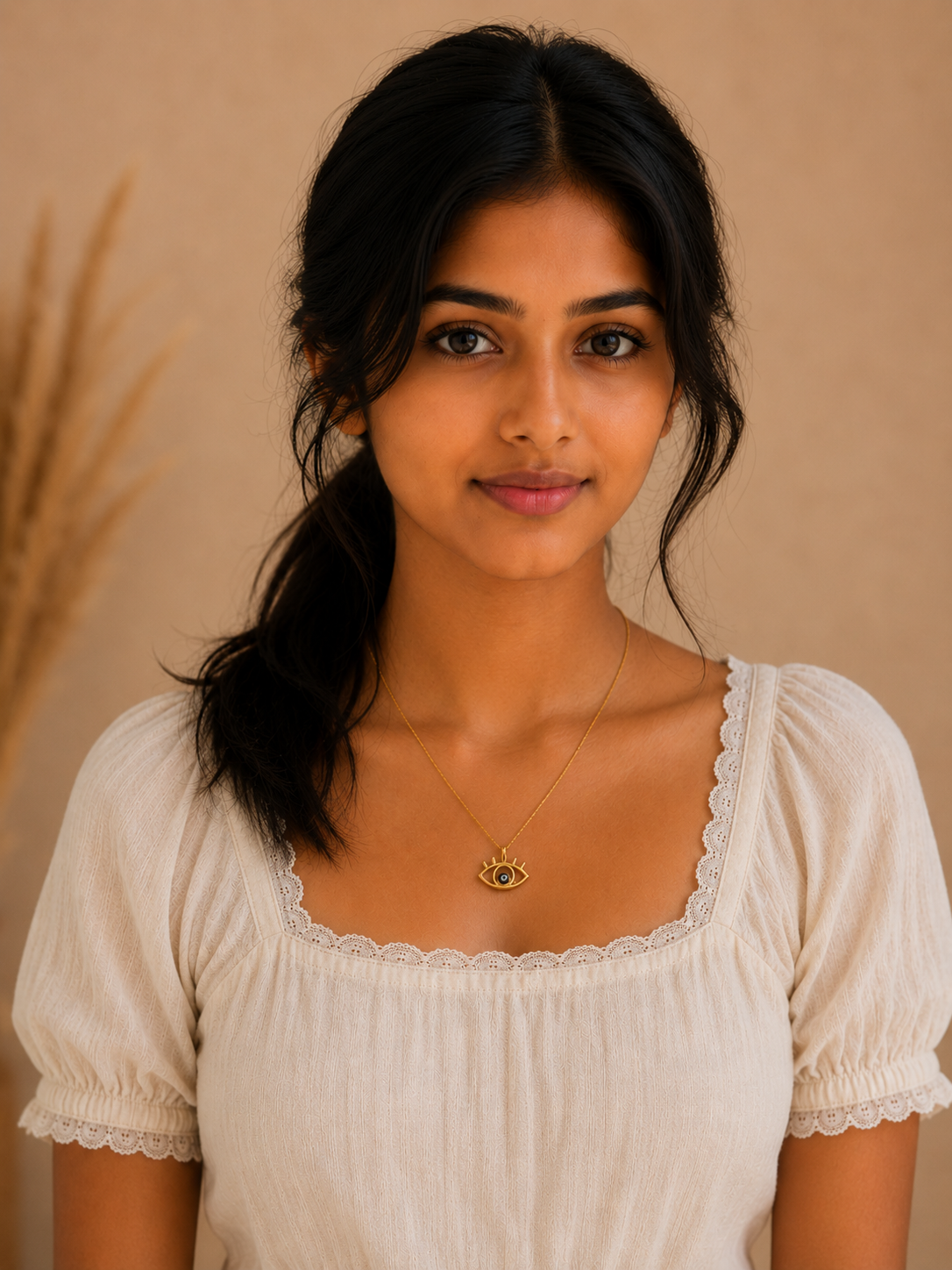 Portrait of a woman wearing the evil eye pendant necklace