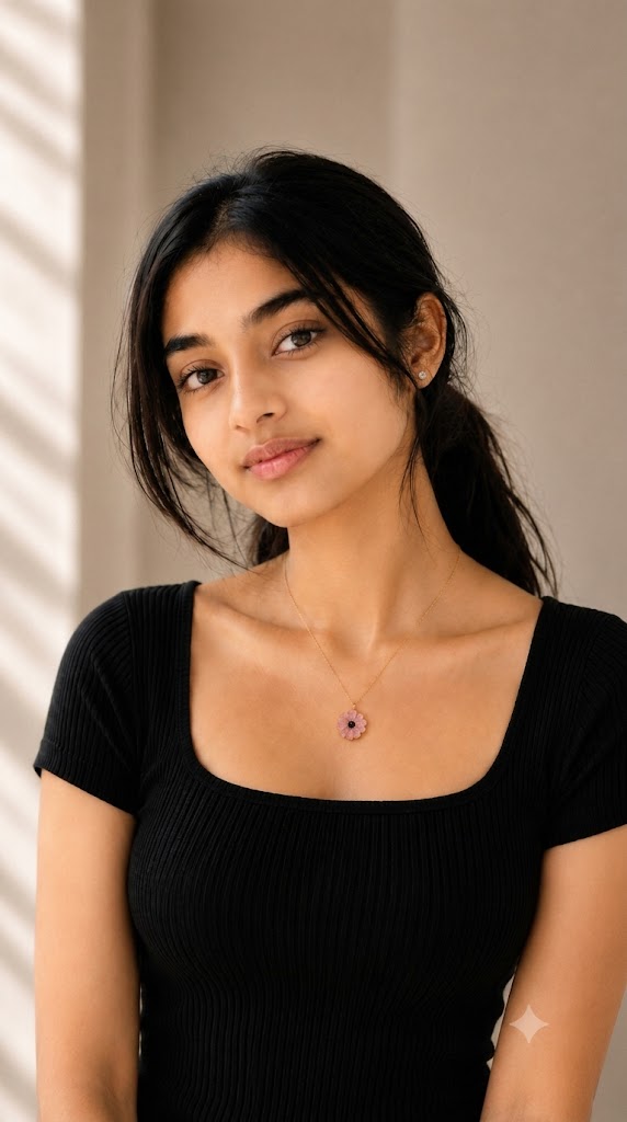Model wearing the pink daisy pendant necklace with a black top