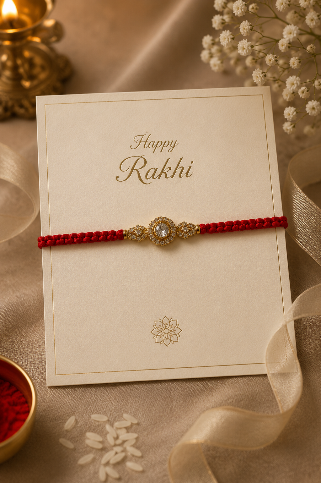 Gold oval solitaire motif rakhi detail