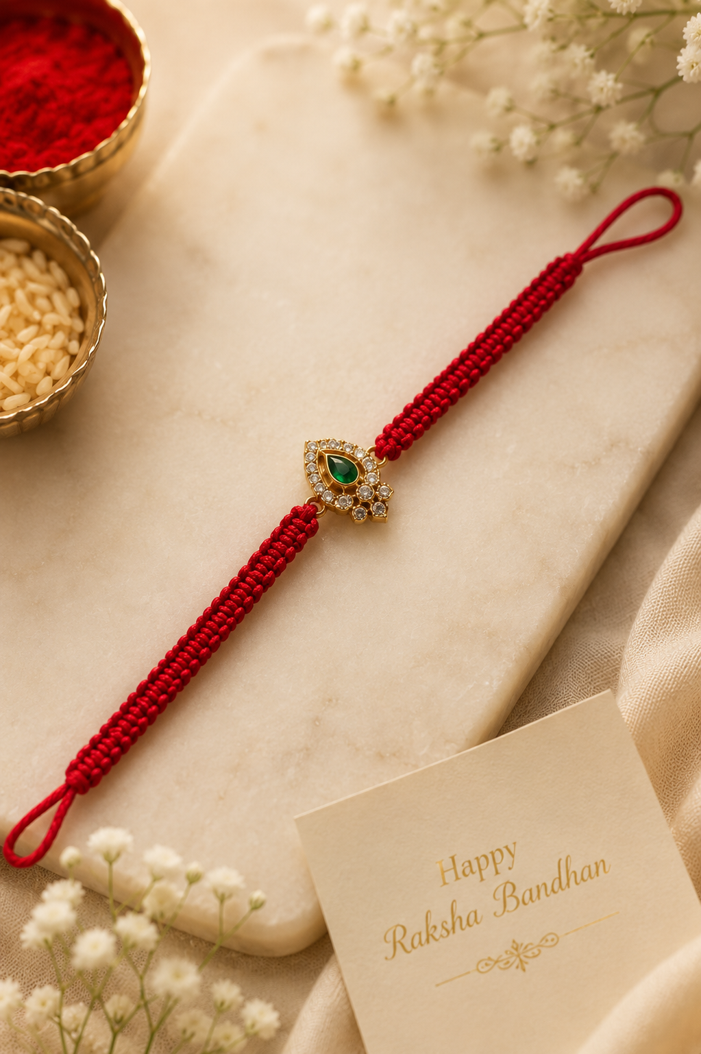 Gold marquise rakhi with a green centre stone on a red thread beside a Happy Raksha Bandhan card