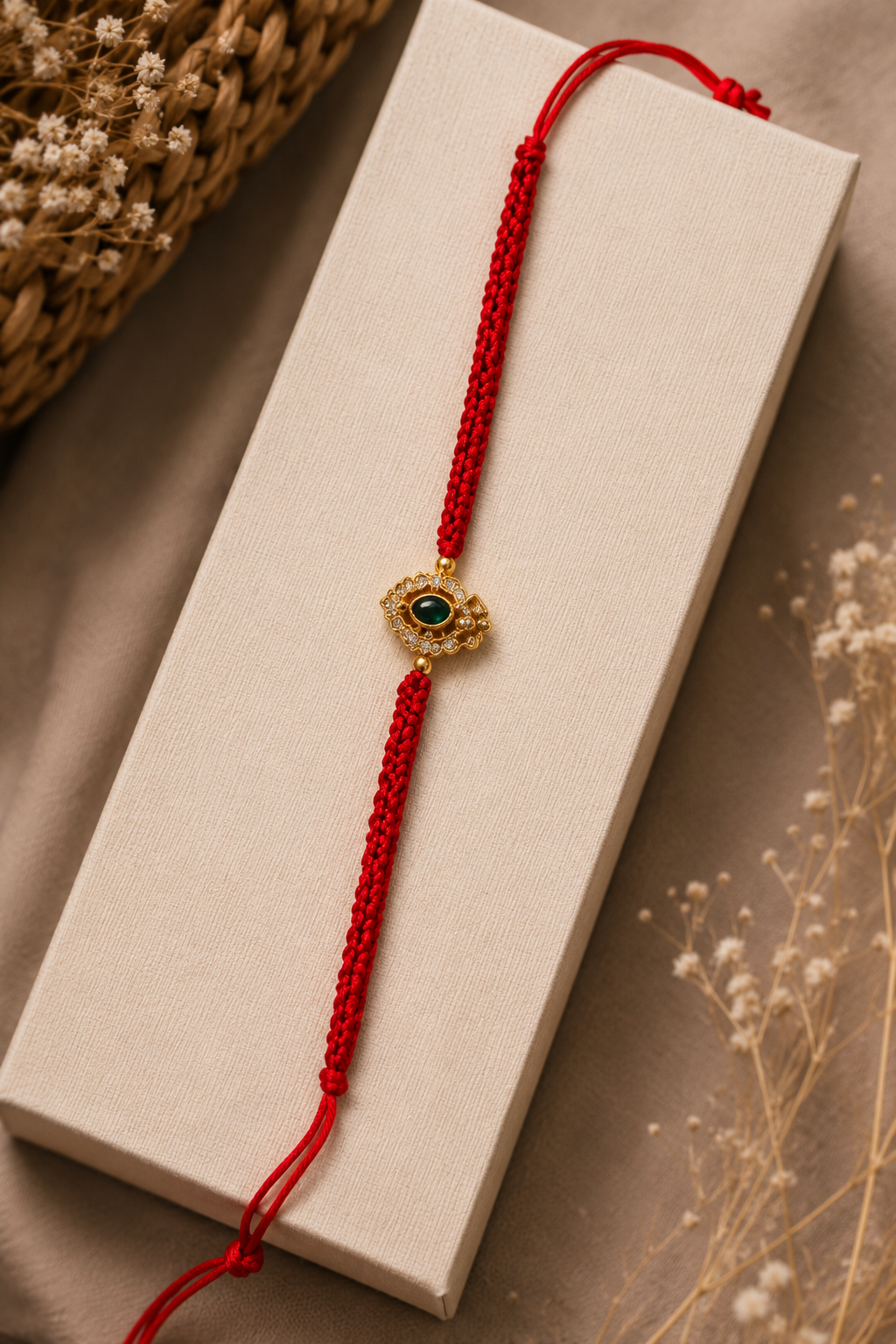 Gold green marquise stone rakhi detail