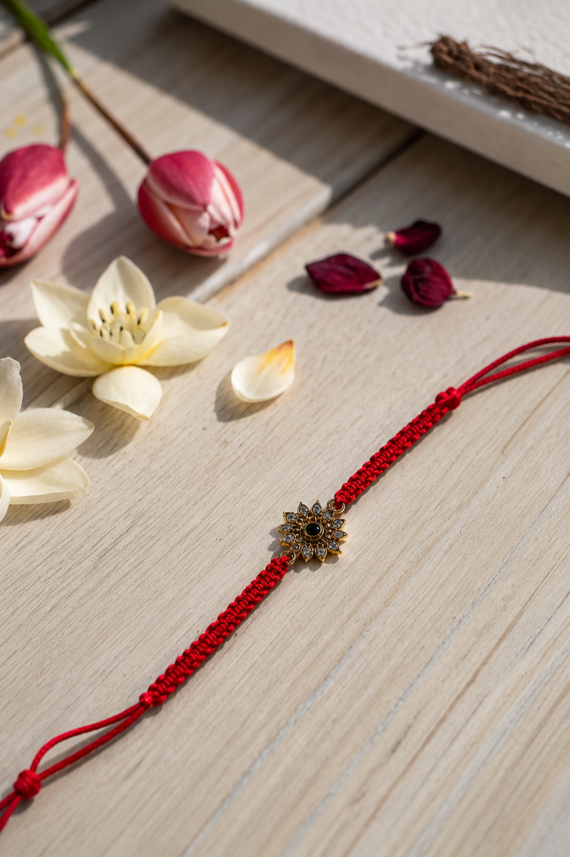 Gold sunburst star rakhi on a red thread styled with tulips on wood