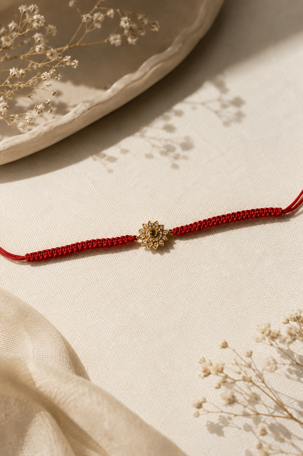 Gold sunburst star motif rakhi detail
