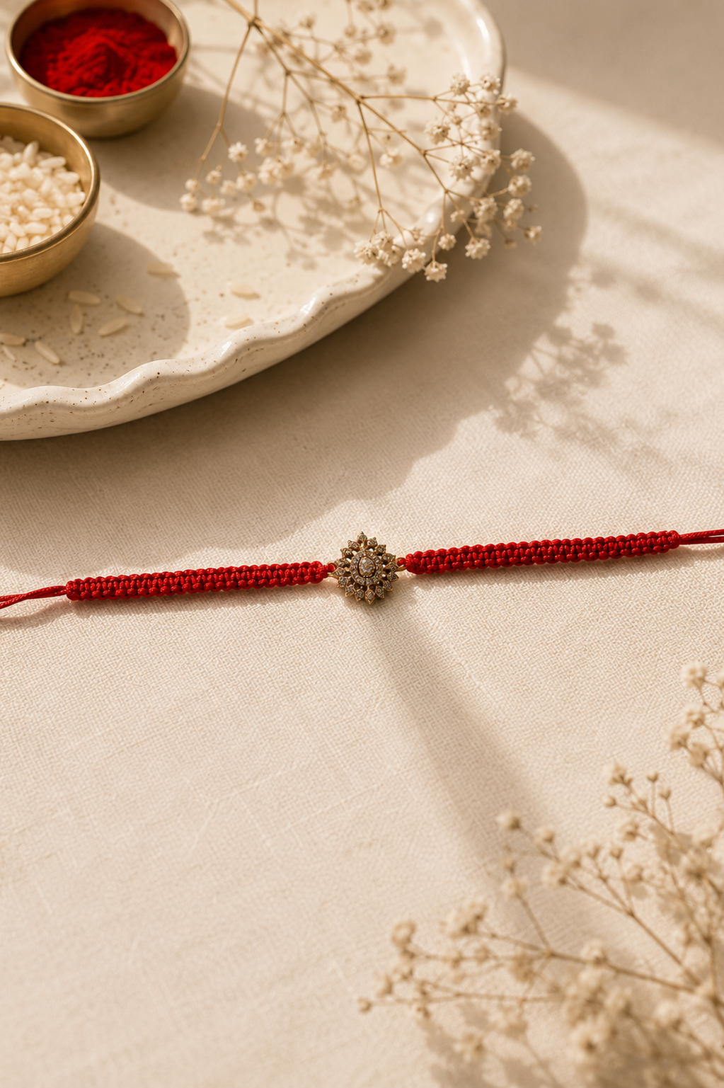 Gold antique diamond-shaped rakhi on a finely beaded red thread on linen