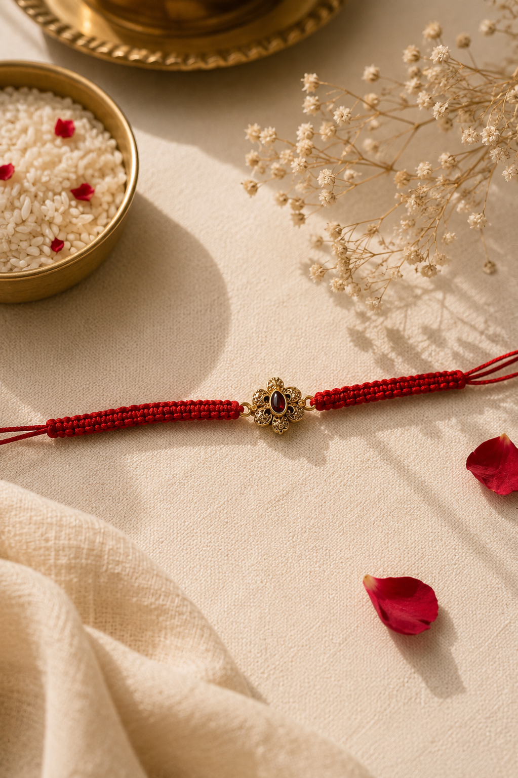 Gold antique oval kundan rakhi with a red centre stone on a beaded red thread