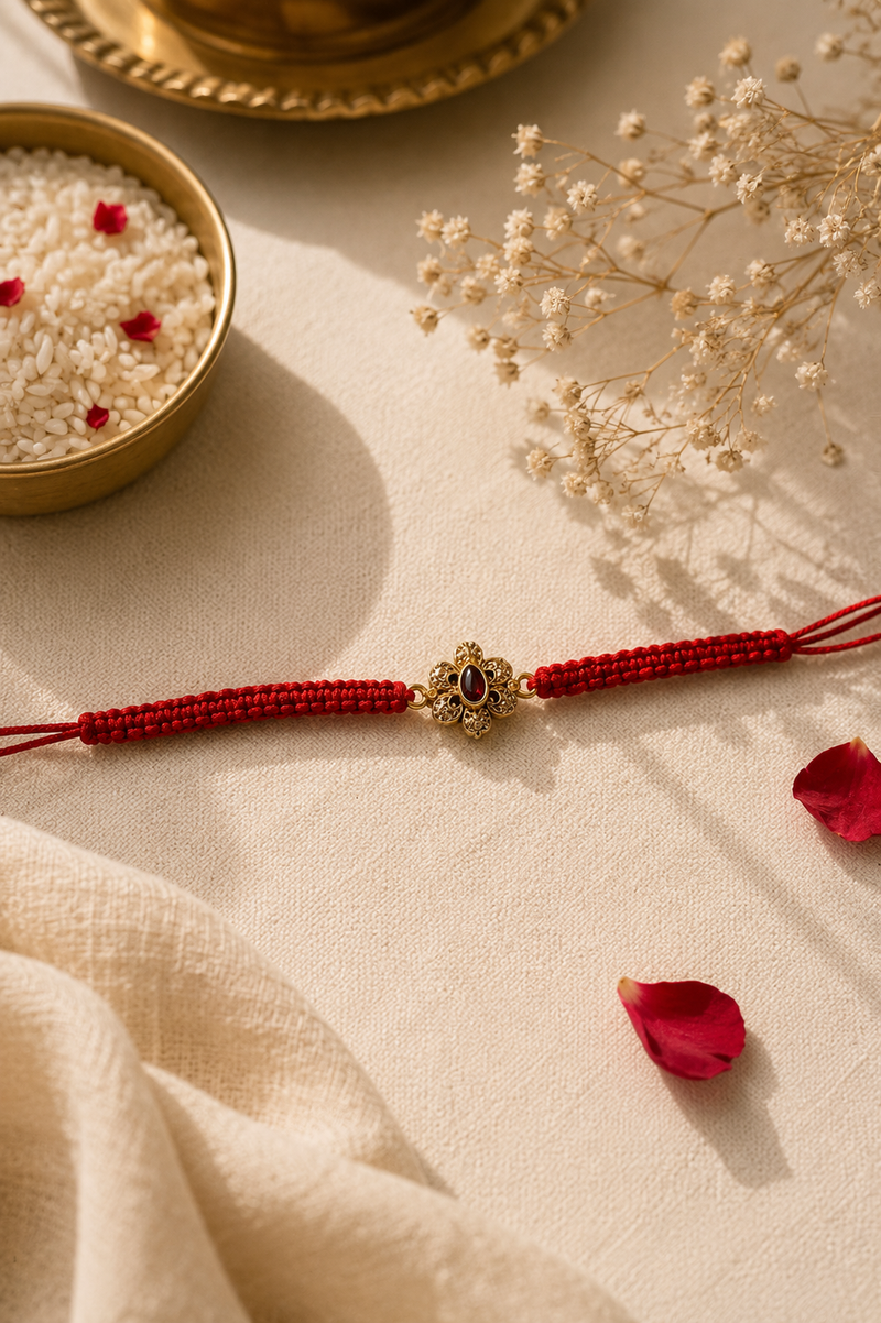 Gold antique oval kundan rakhi with a red centre stone on a beaded red thread