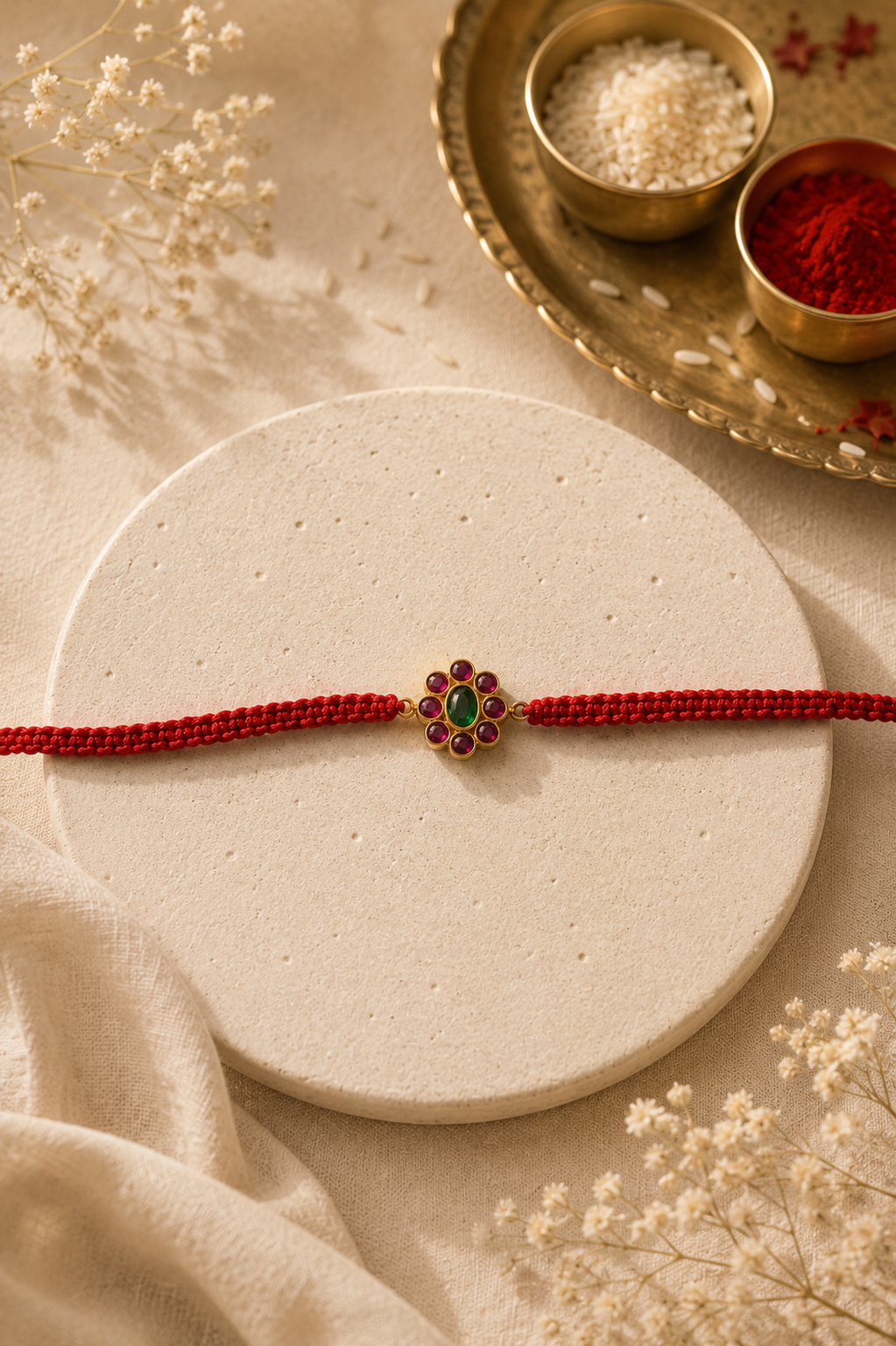 Gold temple floral kemp rakhi with maroon petals and green centre on a red thread
