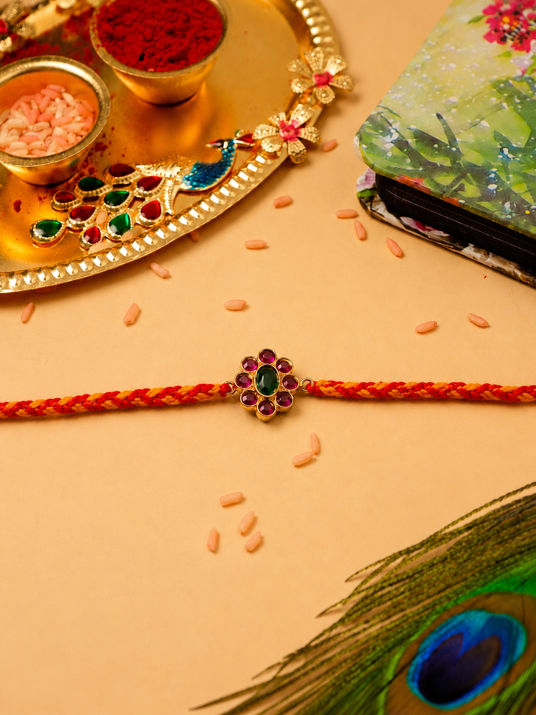 Gold temple kemp floral motif rakhi detail