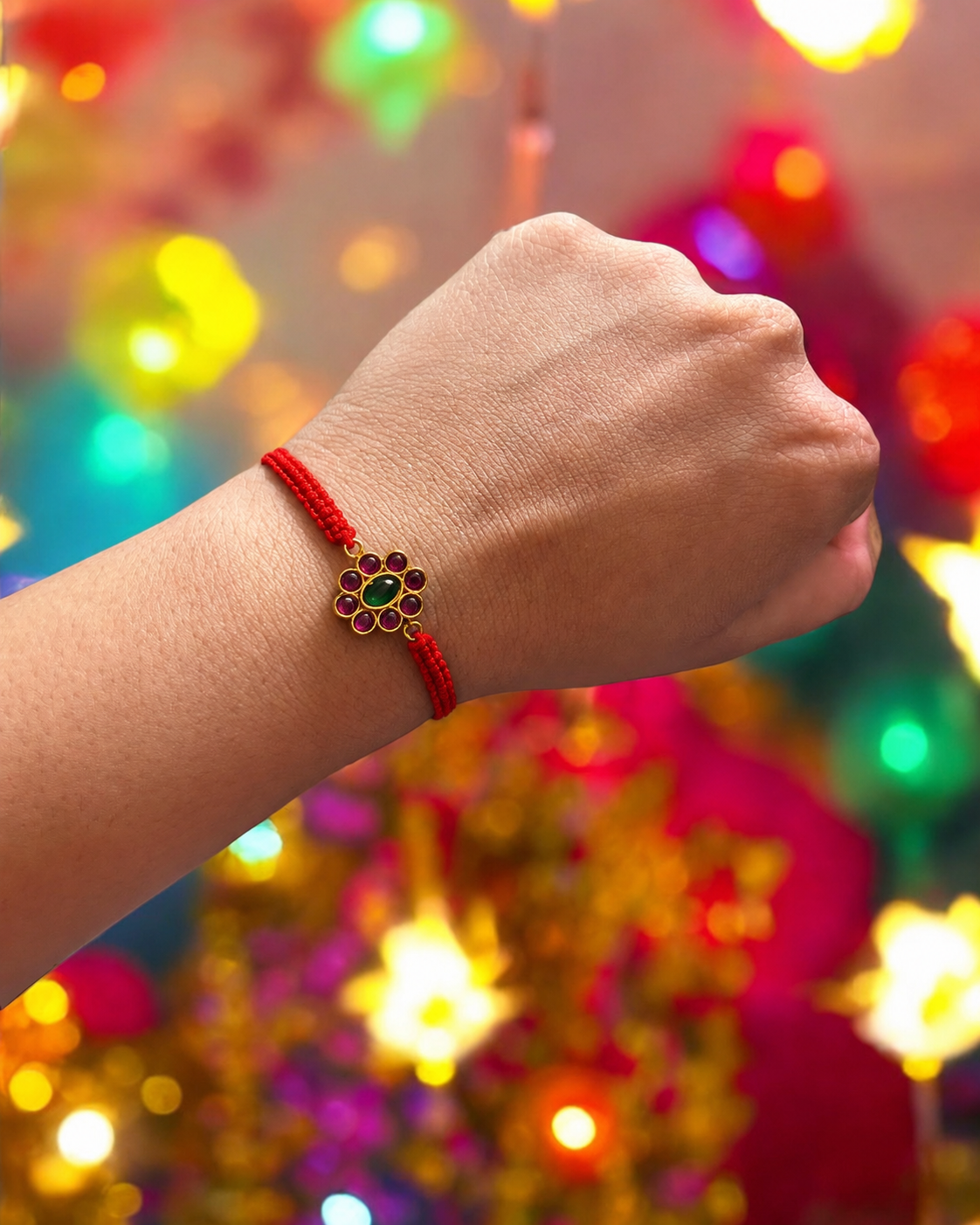 Gold temple flower rakhi on red thread