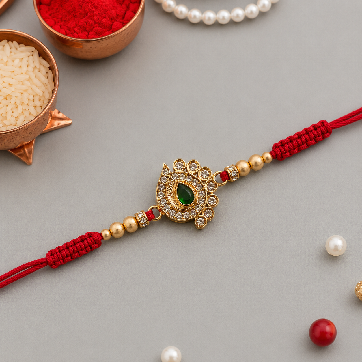 Gold paisley kundan motif rakhi detail