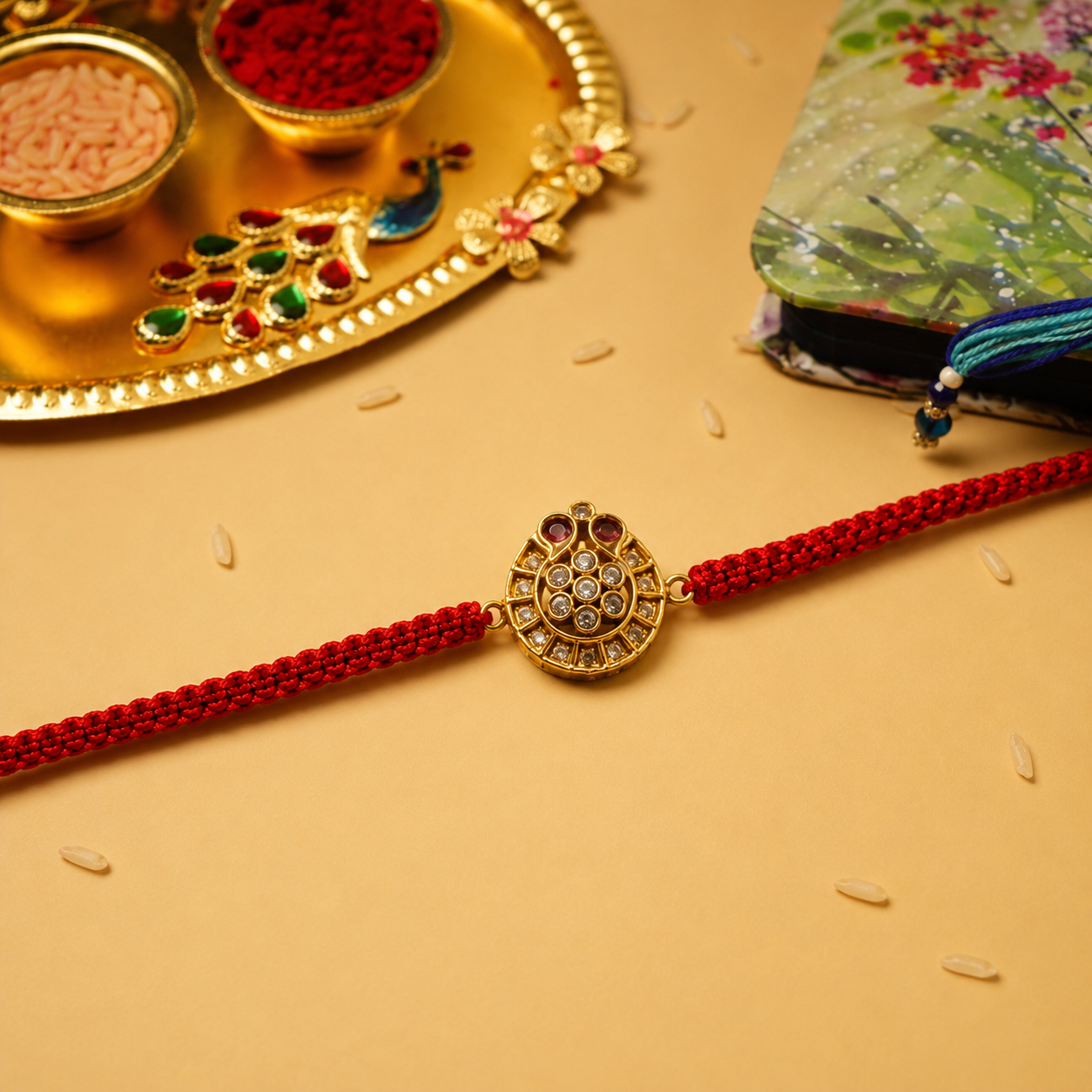 Gold antique disc motif rakhi detail