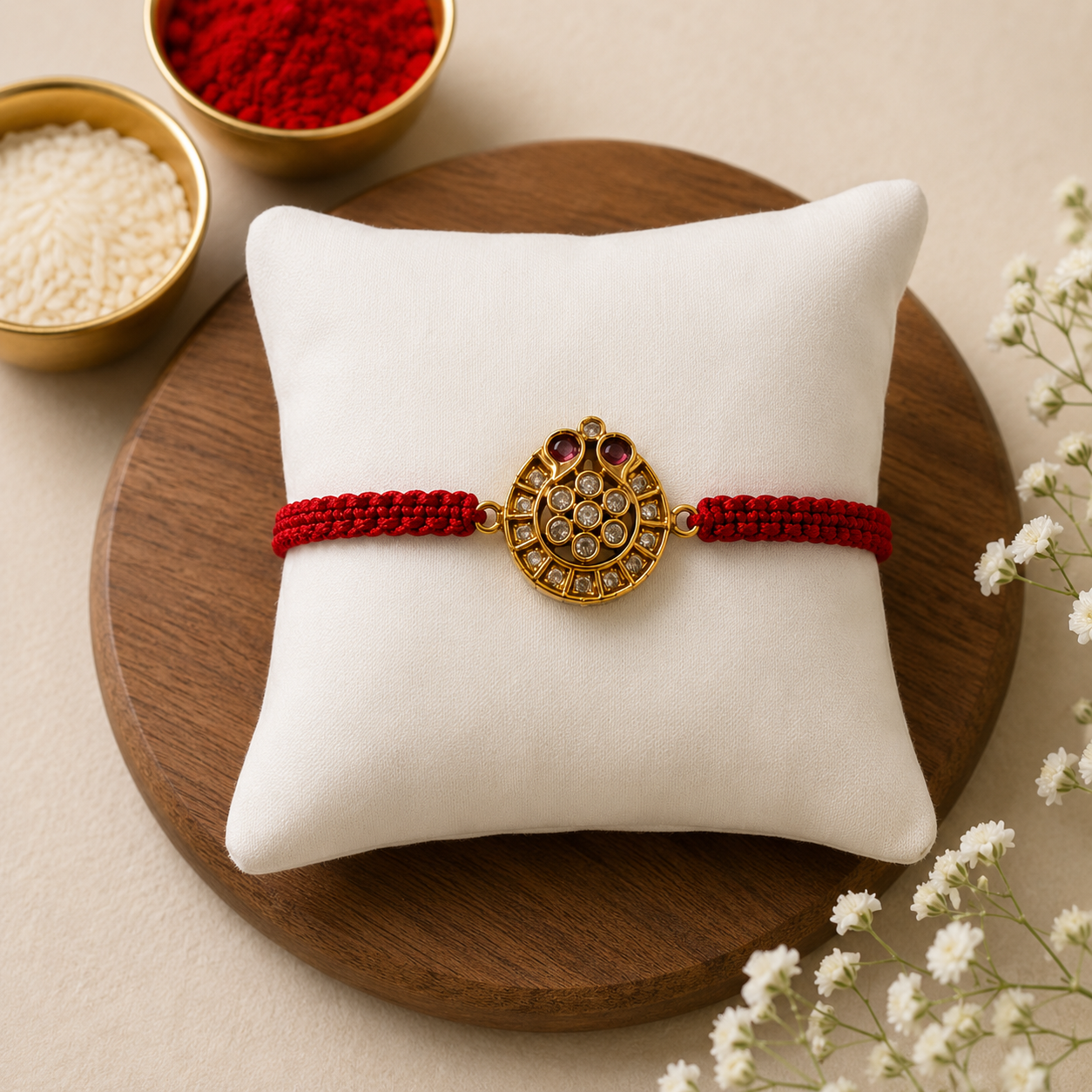 Gold antique coin disc rakhi on red thread