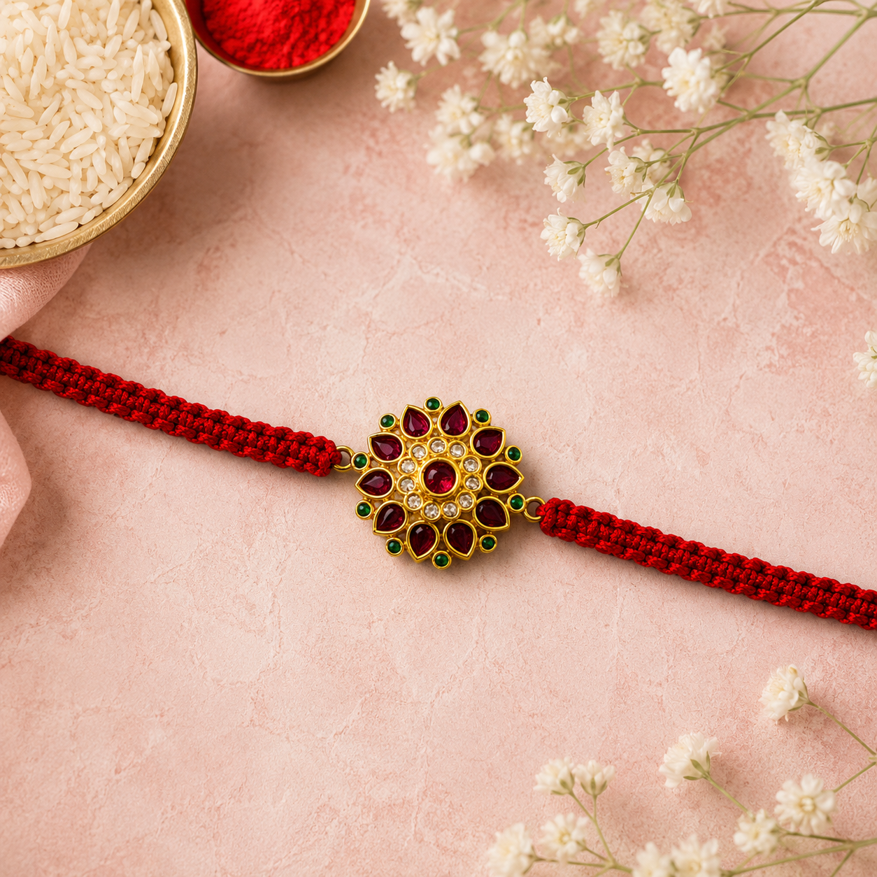 Grand gold temple flower rakhi with red and green stones on a red thread on a pink backdrop