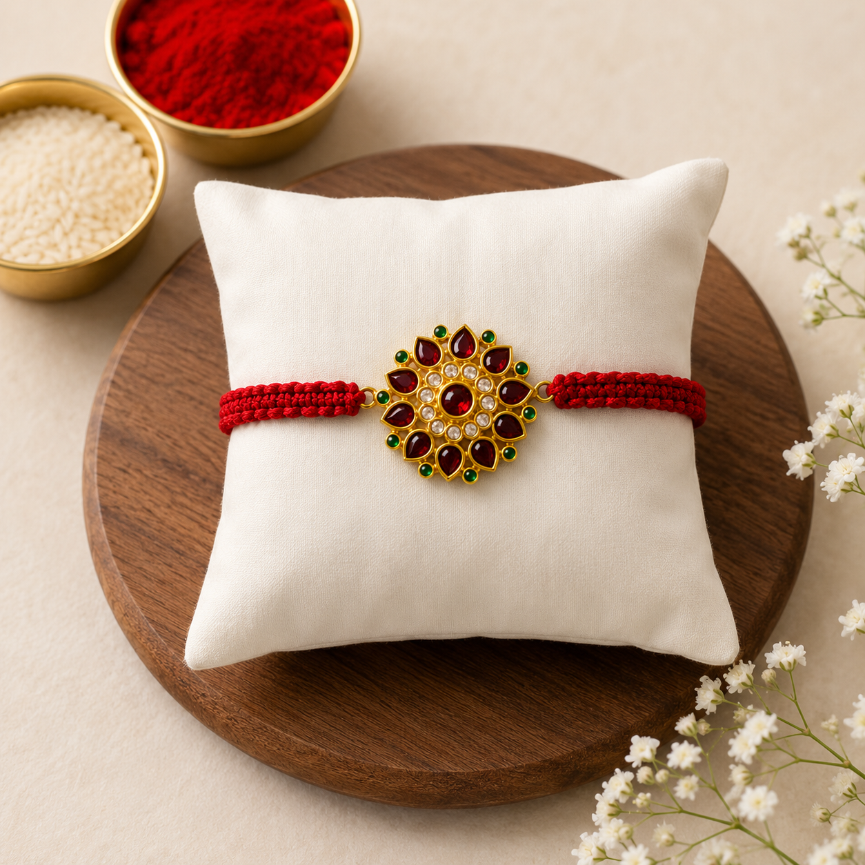 Grand gold temple flower rakhi on red thread