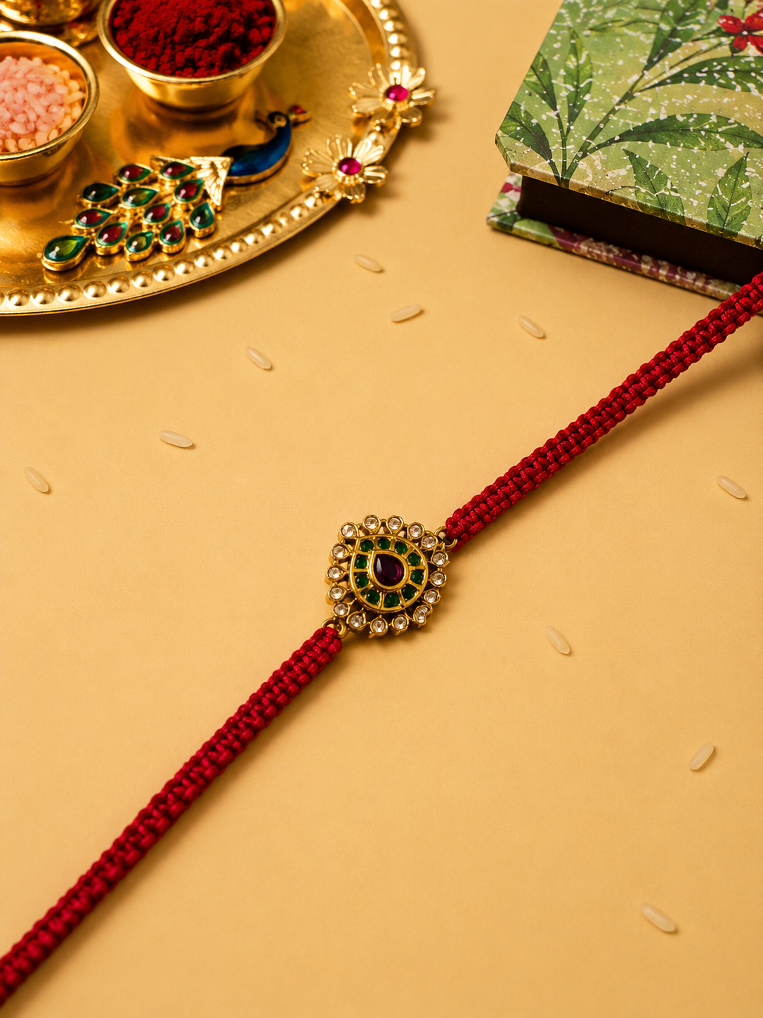 Gold kemp blossom motif rakhi detail