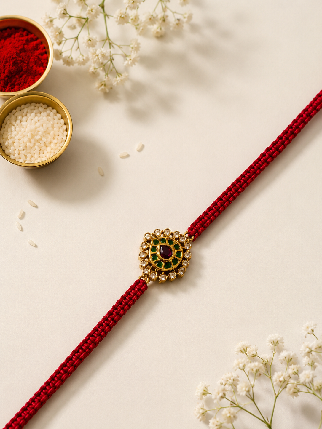 Gold kemp blossom rakhi on red thread