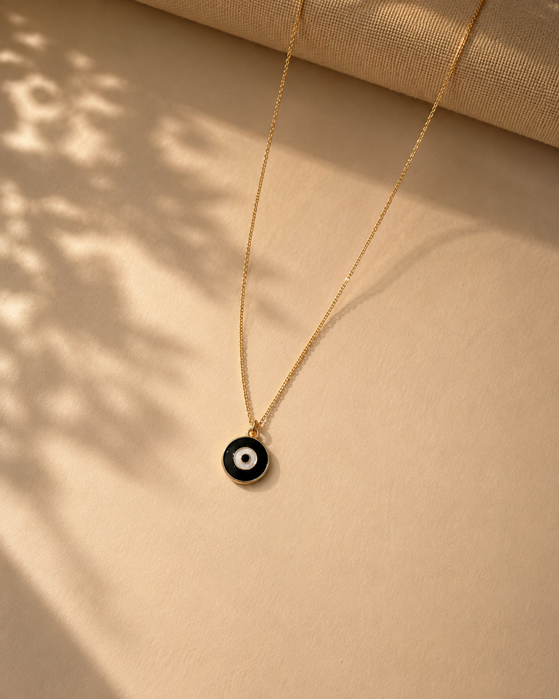 Noir Evil Eye Pendant Necklace - black enamel evil eye on a fine gold chain