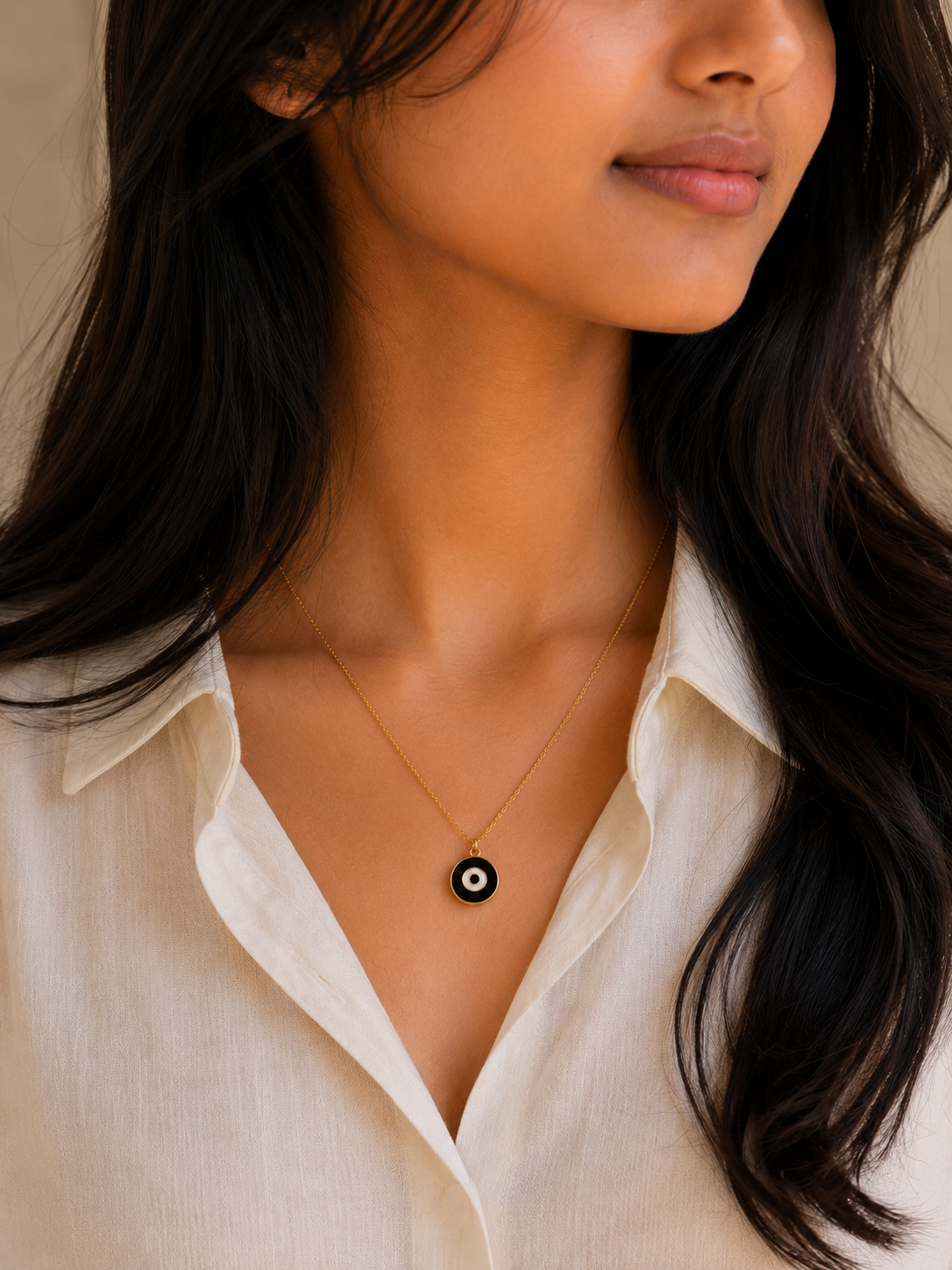 Noir Evil Eye Pendant Necklace worn on model
