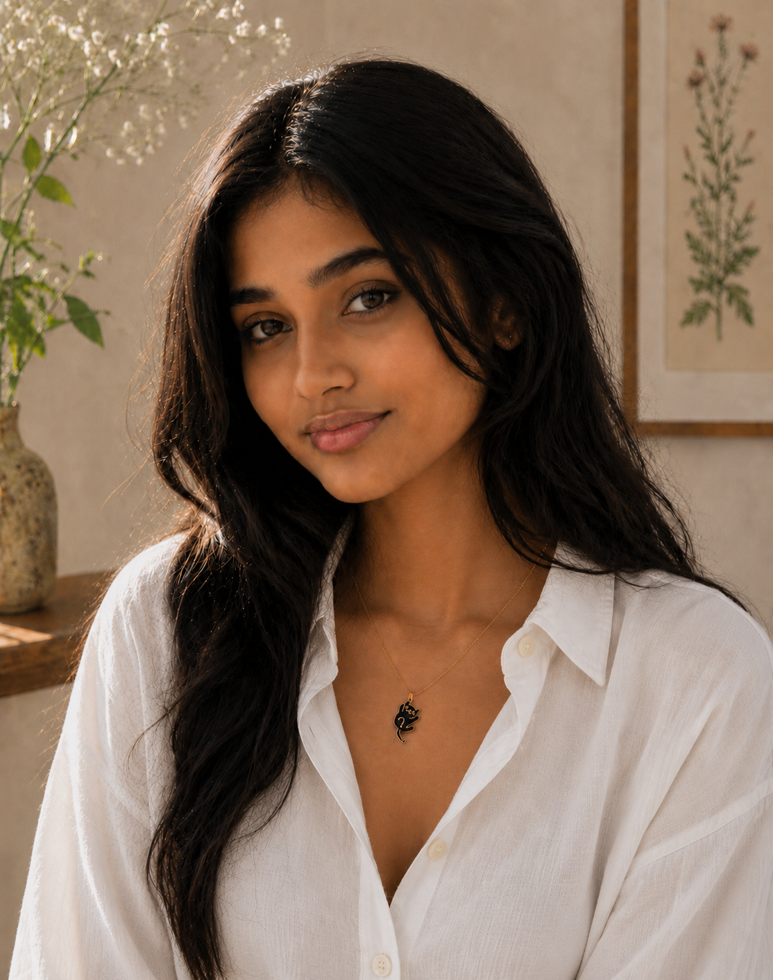 Model in a white shirt wearing the gold-toned black cat pendant necklace