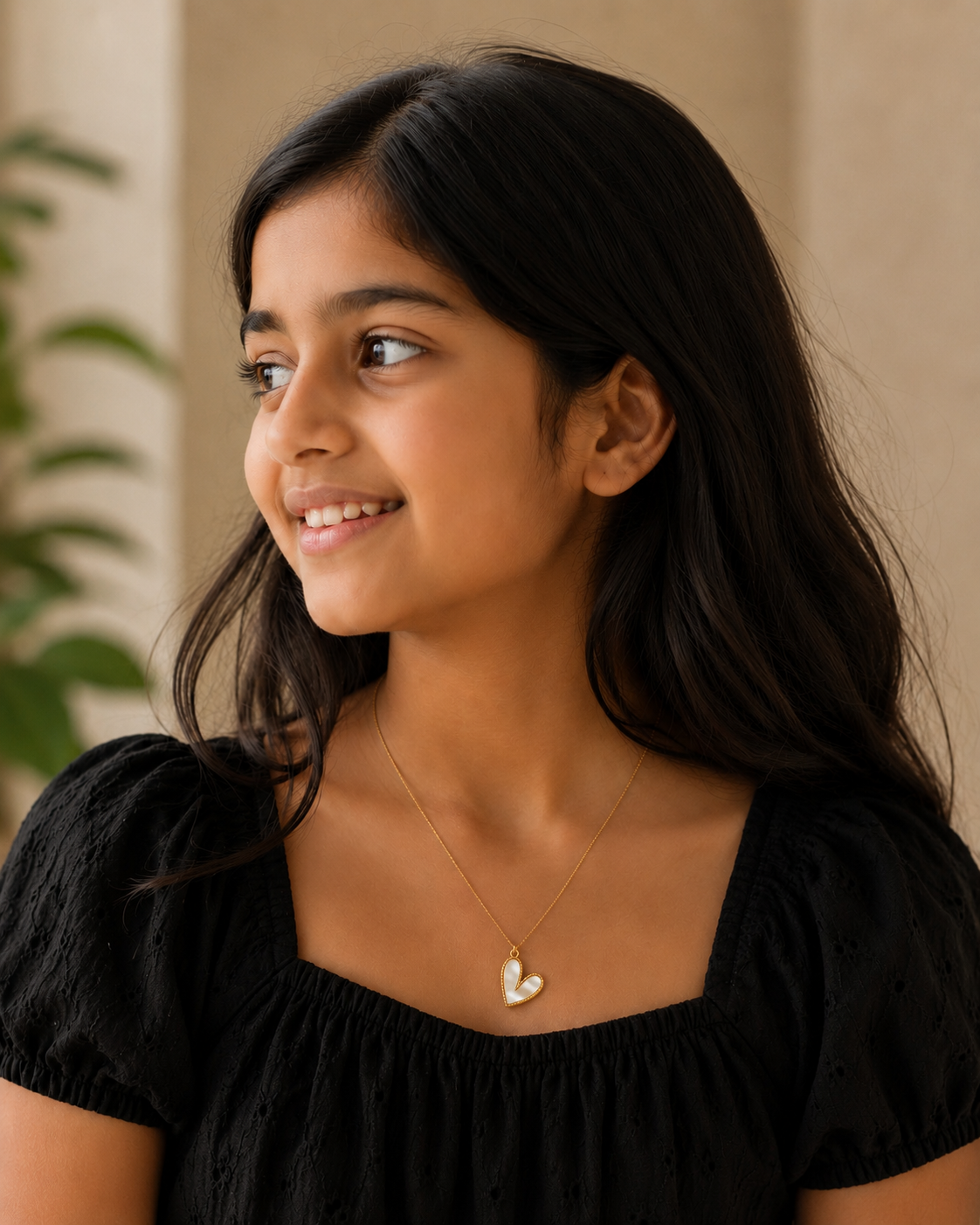 Portrait of a girl wearing the heart pendant necklace