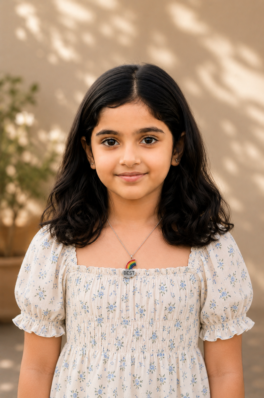 Portrait of a girl wearing the rainbow cloud BEST charm necklace