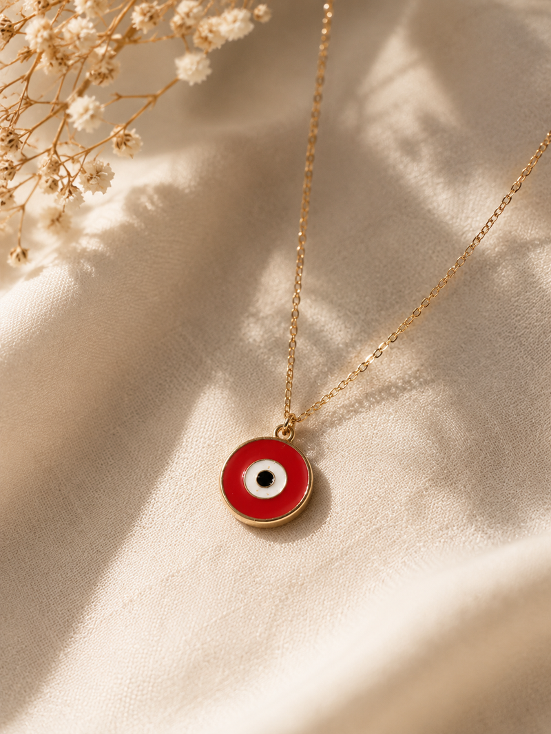 Red enamel evil eye pendant necklace