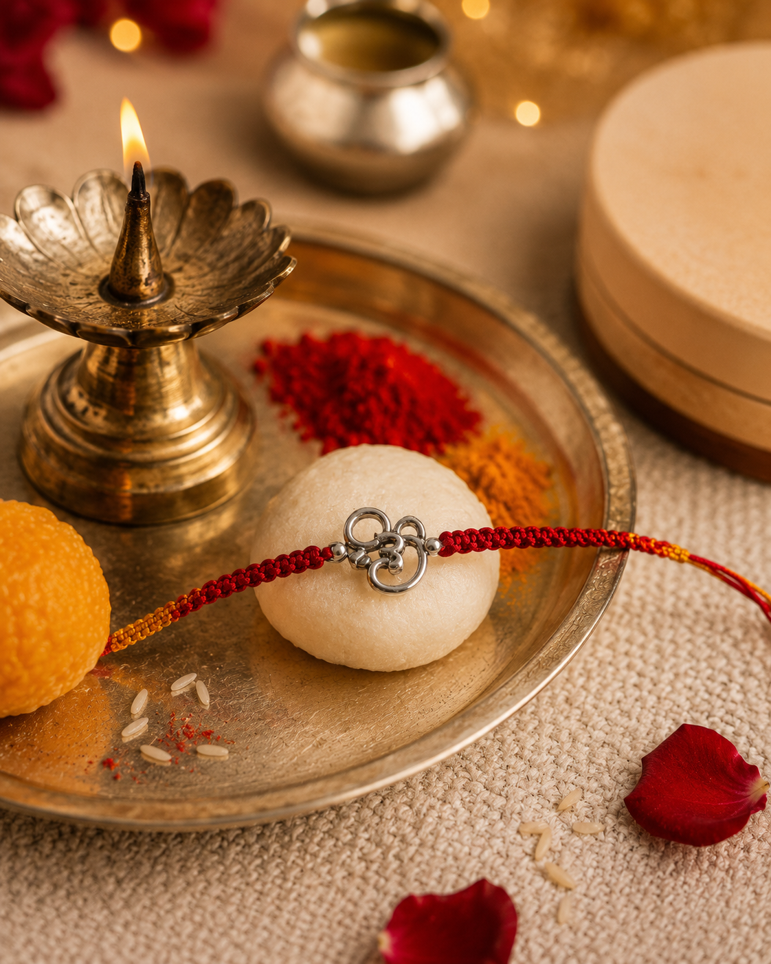 Silver Om motif rakhi on a red braided thread styled on a festive puja thali