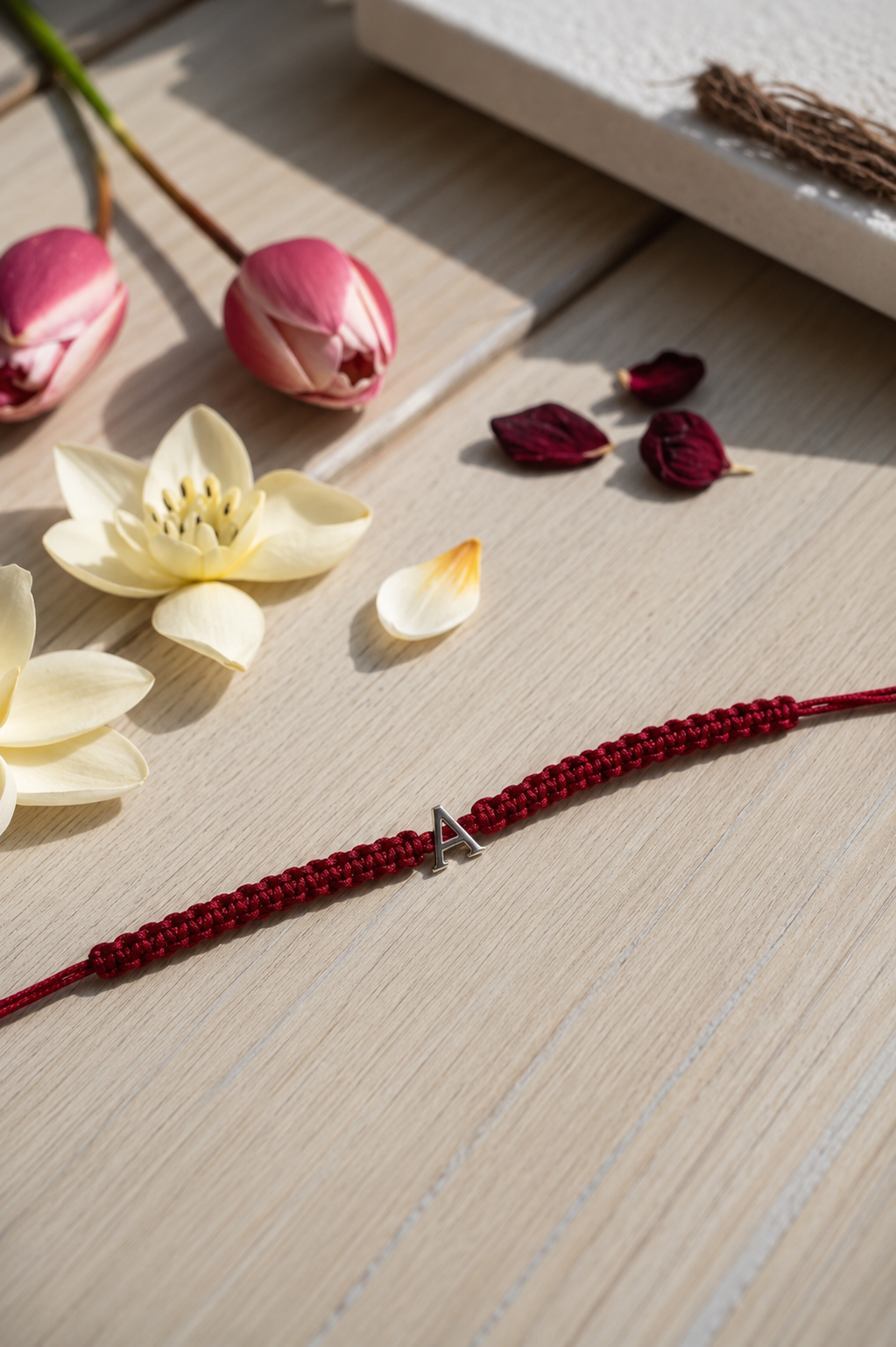 Silver initial A charm on a red braided thread rakhi styled with tulips