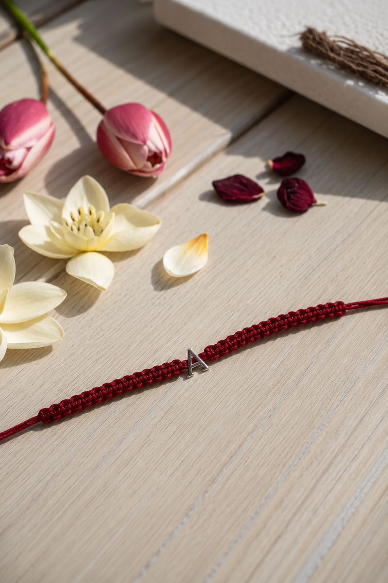 Silver initial A charm on a red braided thread rakhi styled with tulips