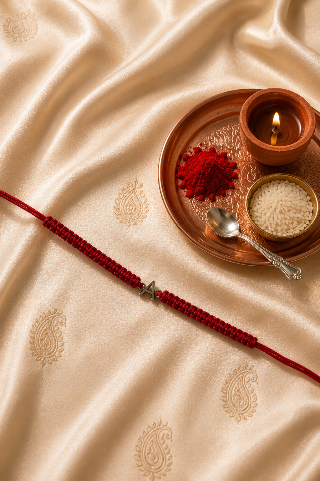 Silver initial alphabet rakhi on red thread detail