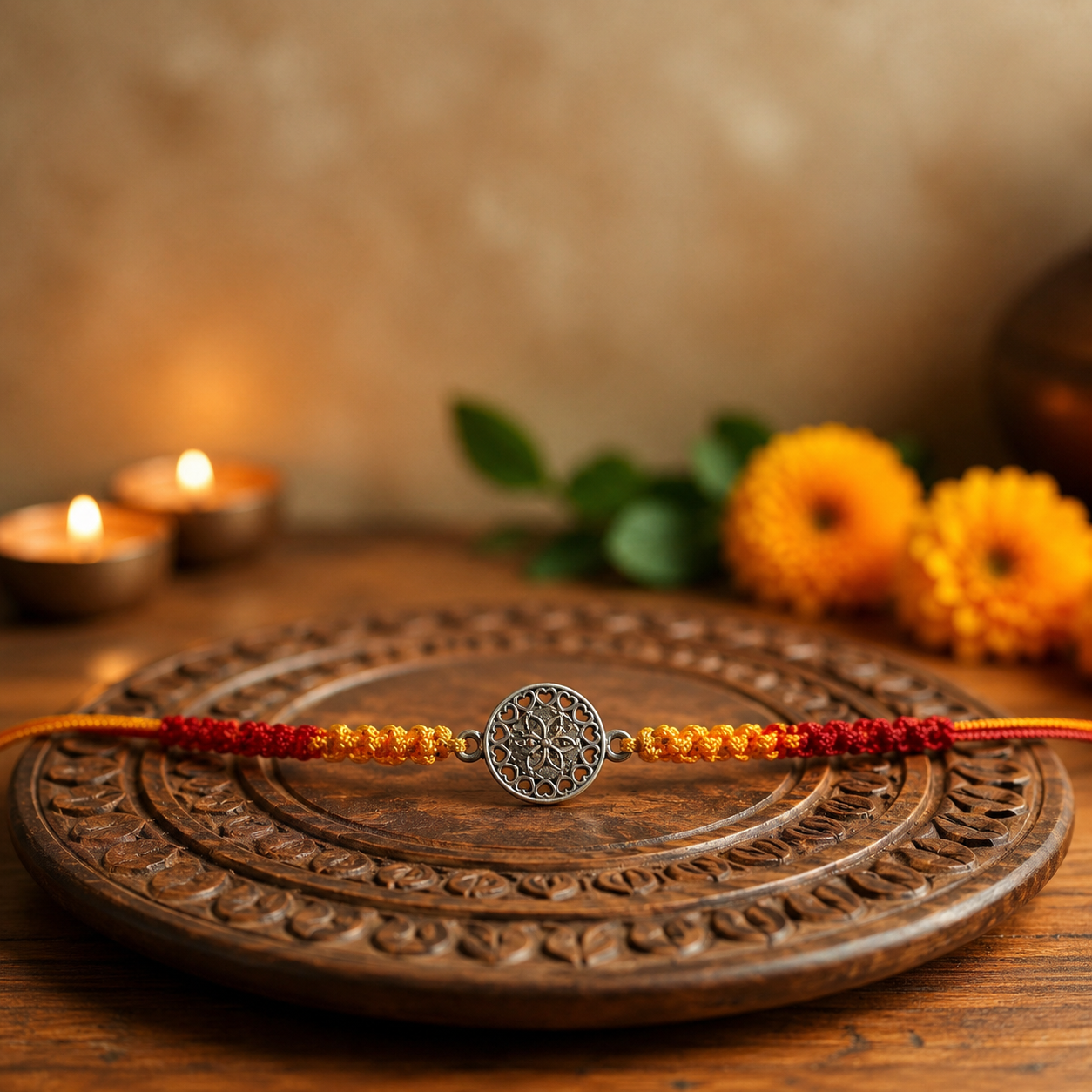 Silver filigree disc saffron thread rakhi