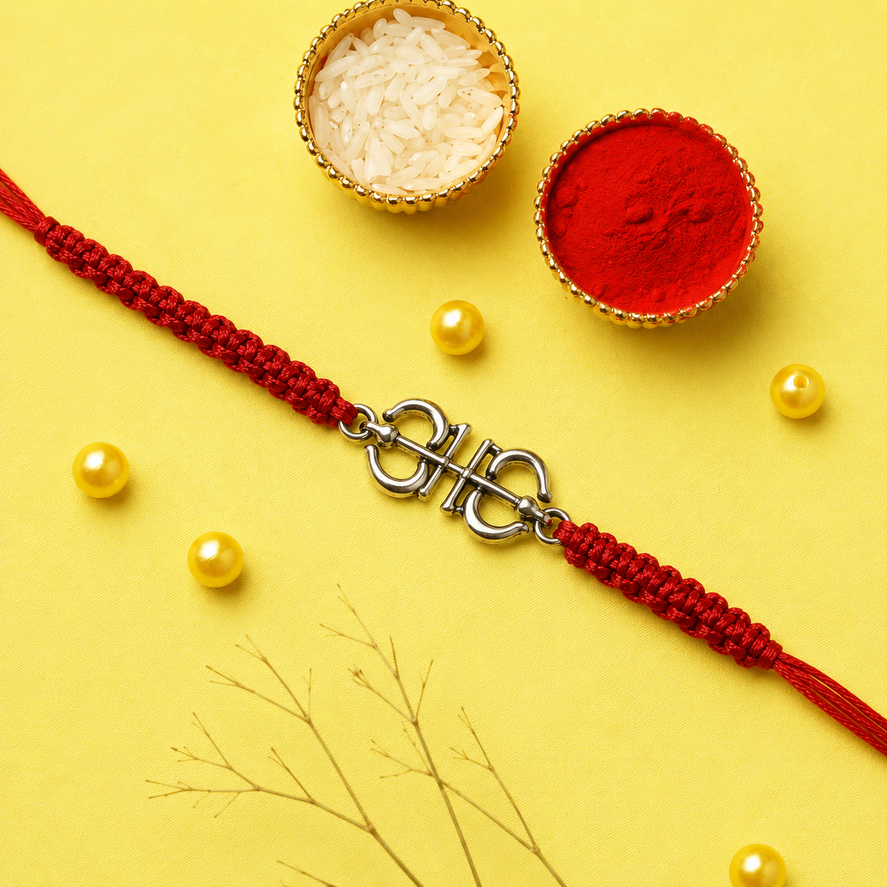 Ornamental silver Om motif rakhi detail on red thread