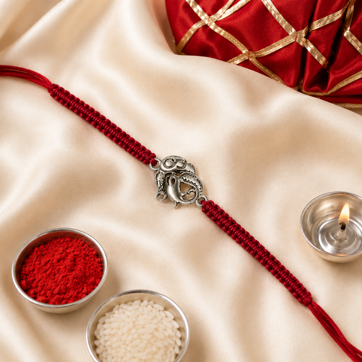 Silver Ganesha rakhi on a red braided thread on satin with puja items