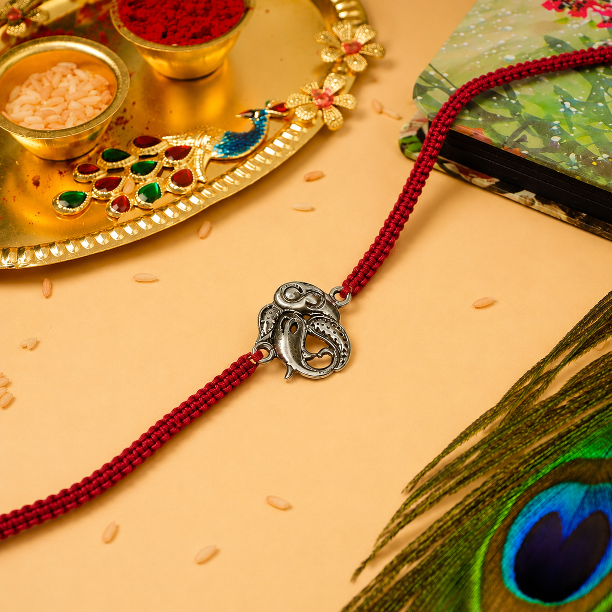 Silver Ganesha motif rakhi detail on red thread