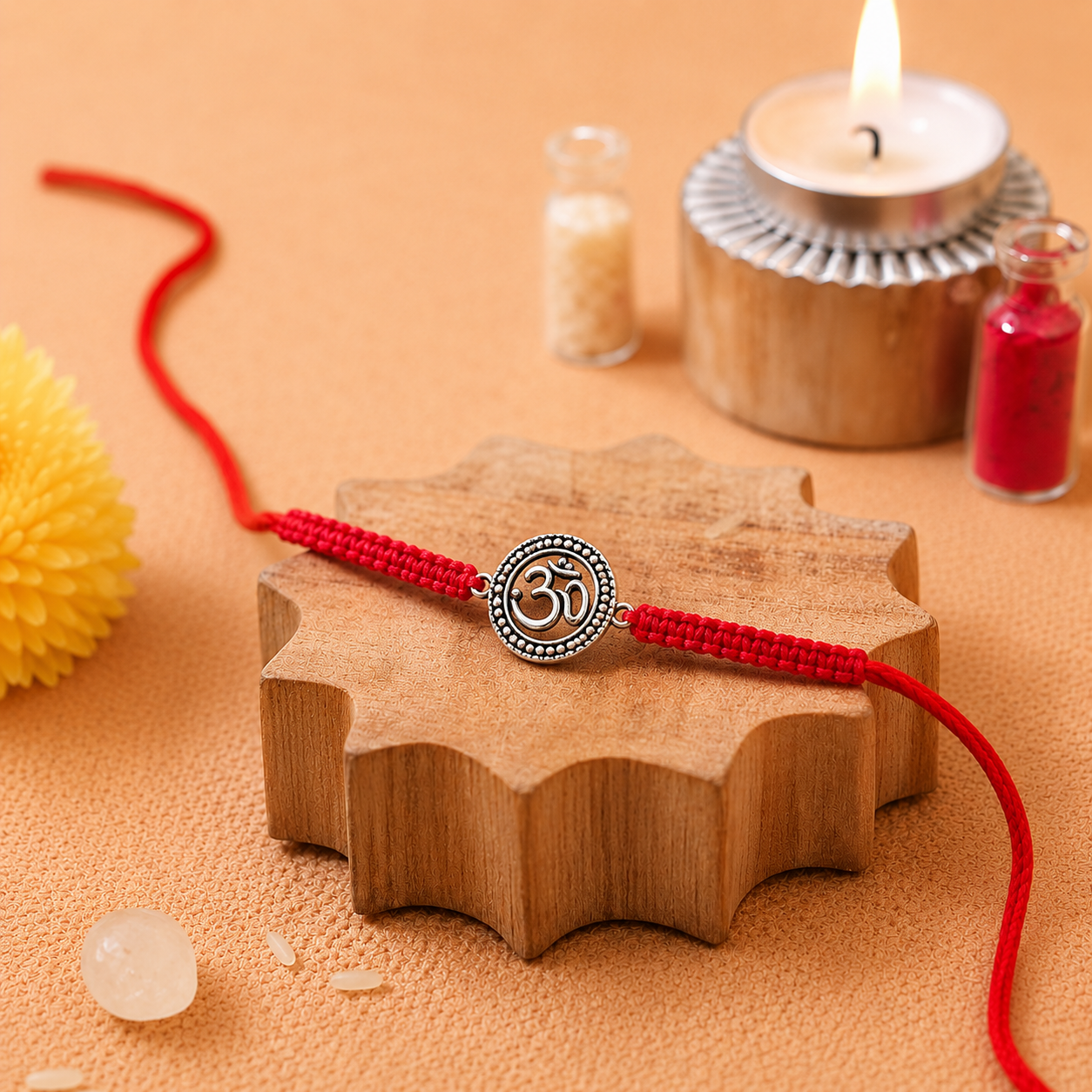 Silver Om disc rakhi on a red thread on a wooden block with a candle