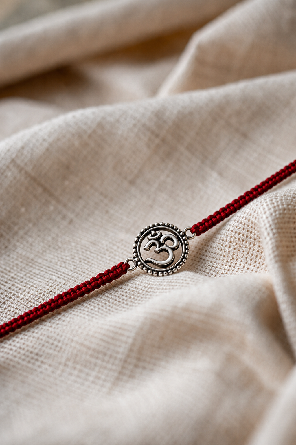 Round silver Om disc red thread rakhi
