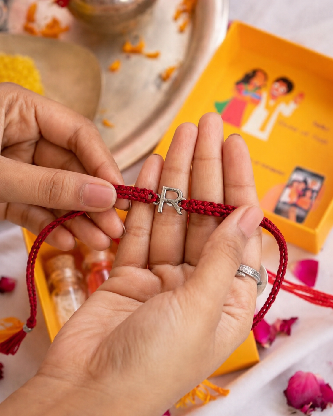 Silver initial R charm rakhi held over a gift box