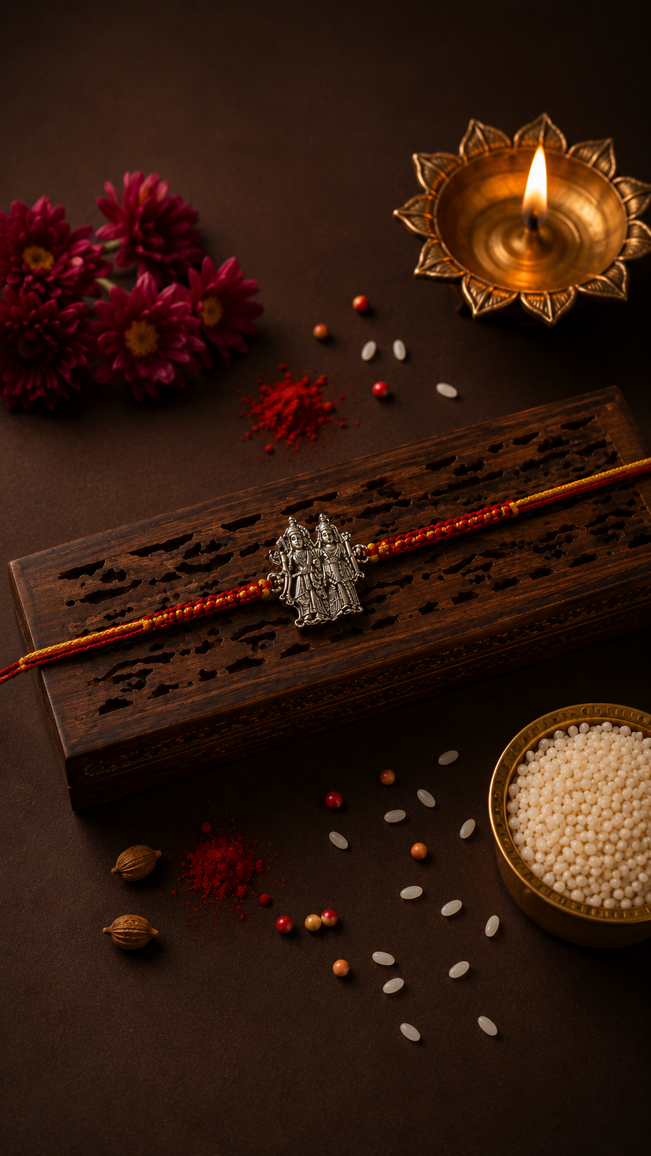 Silver devotional deity rakhi on a saffron beaded thread on a carved wooden box