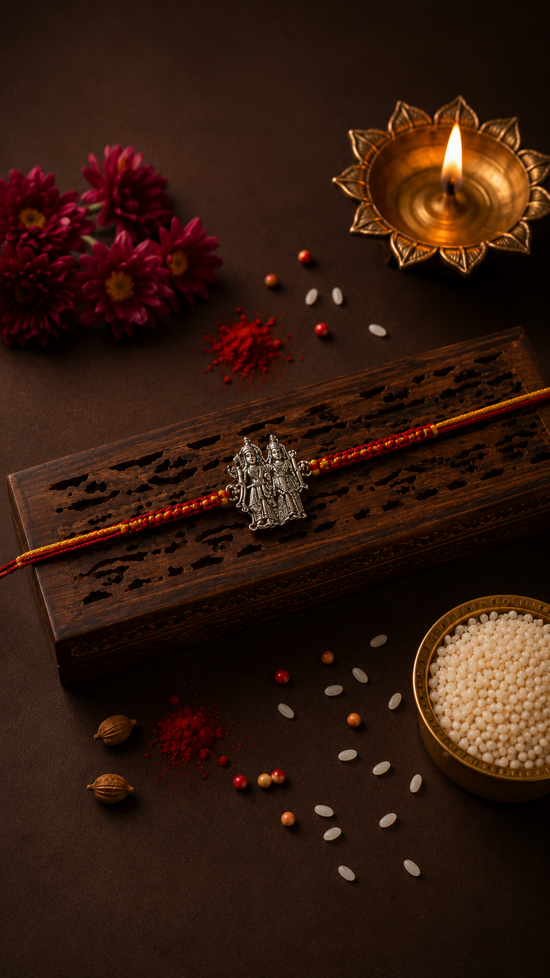 Silver devotional deity rakhi on a saffron beaded thread on a carved wooden box