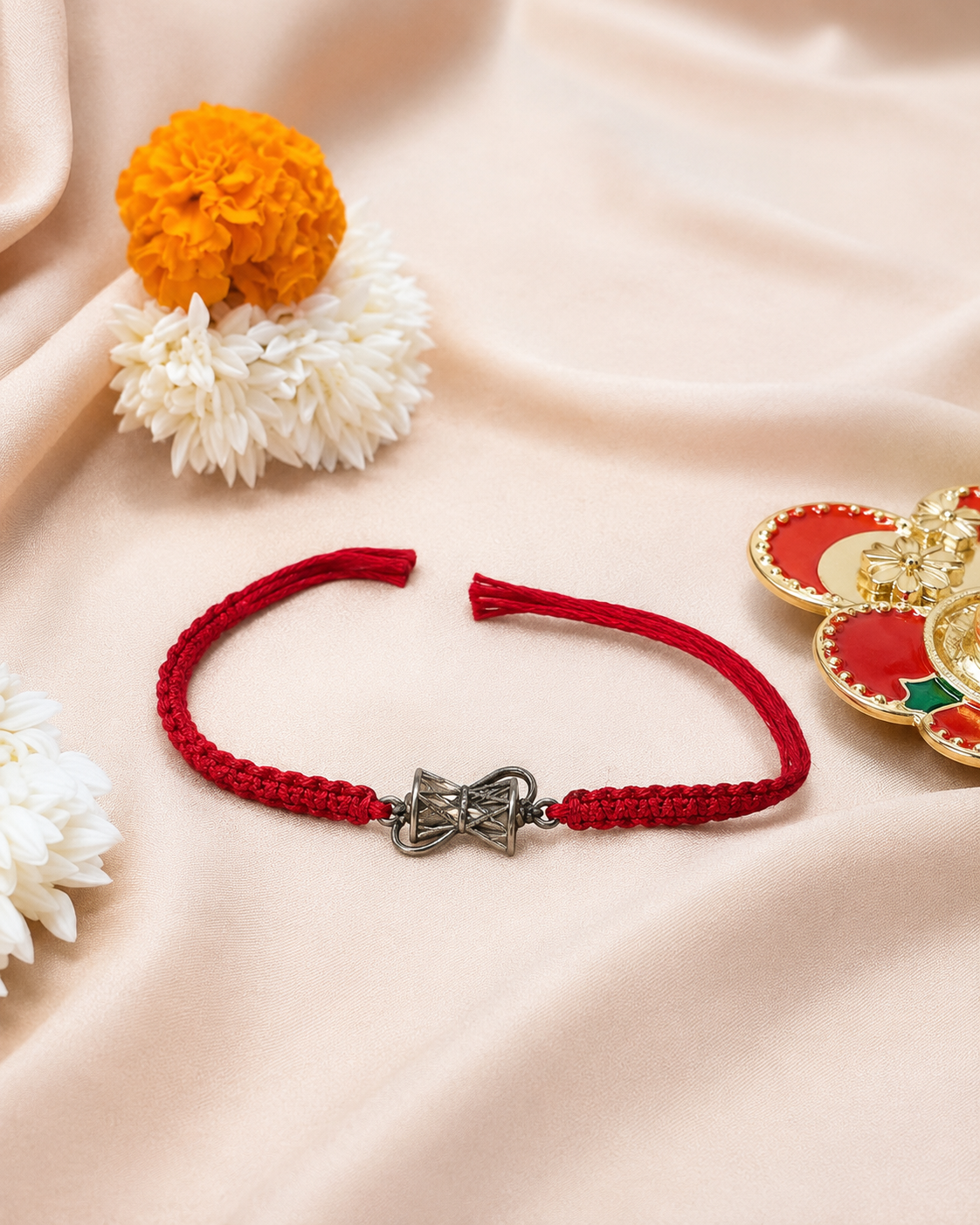 Silver bow rakhi on a red braided thread on satin with marigolds